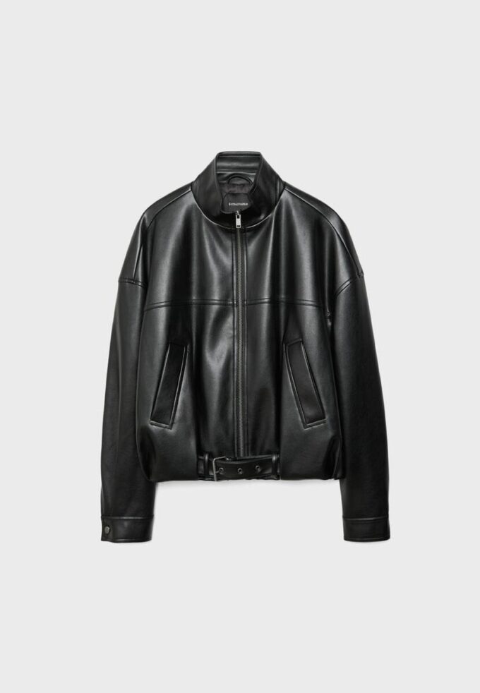 Balonová bunda s efektem kůže a páskem