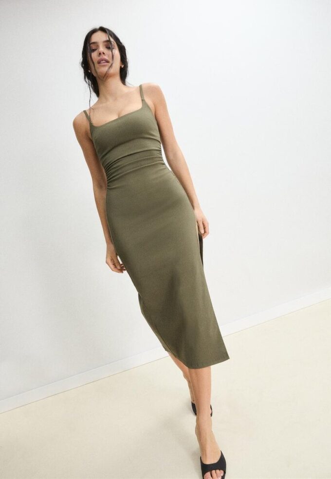 Bengalínové midi šaty s čtvercovým výstřihem