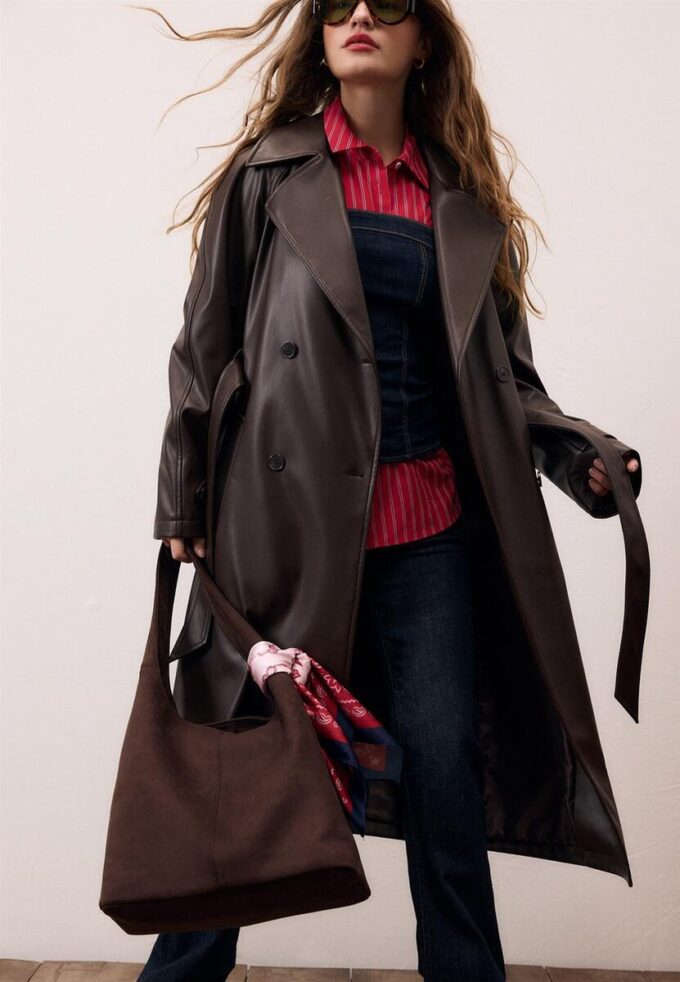 Dlouhý trenčkot z umělé kůže