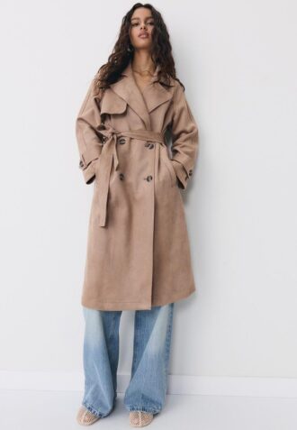 Dlouhý trenčkot z umělé semiše