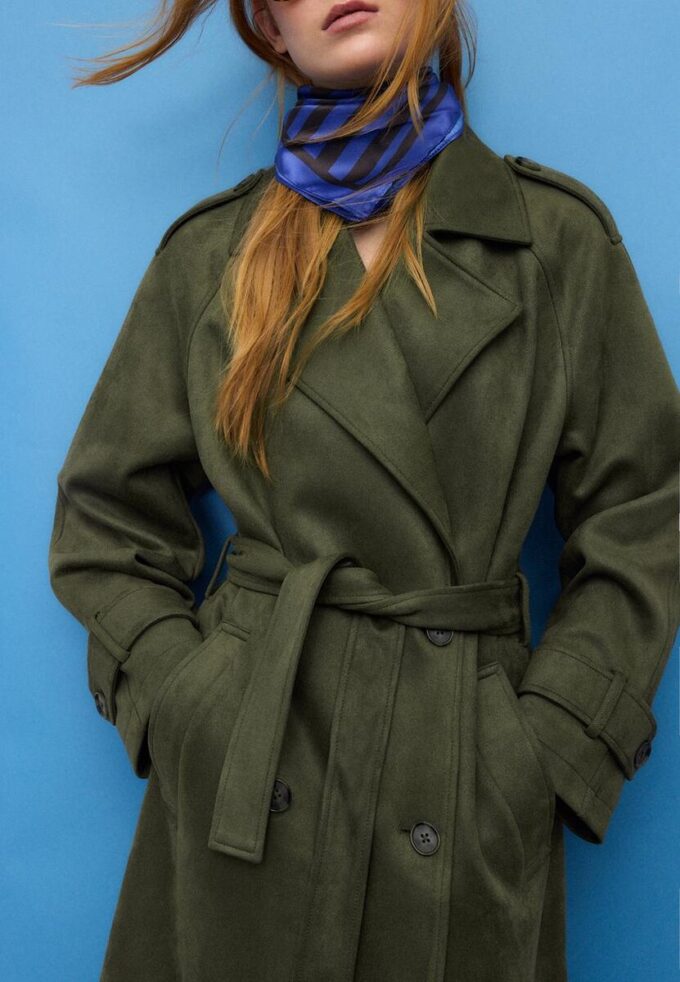 Dlouhý trenčkot z umělé semiše