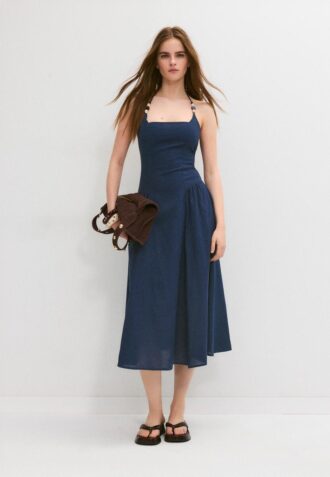 Midi šaty s halter výstřihem a korálkovými detaily