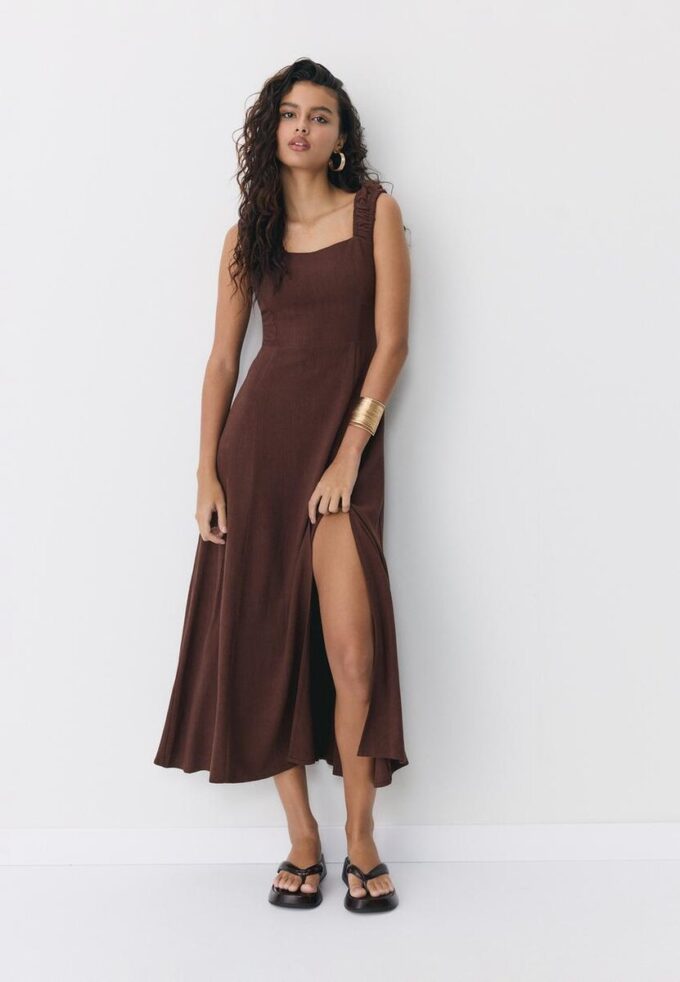 Midi šaty s kříženým zadním dílem v lněném vzhledu