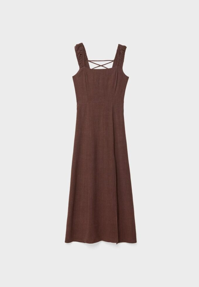 Midi šaty s kříženým zadním dílem v lněném vzhledu