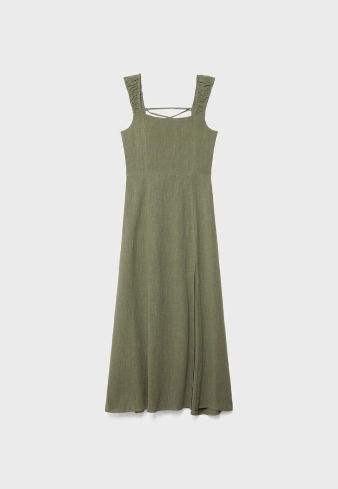 Midi šaty s kříženým zadním dílem v lněném vzhledu