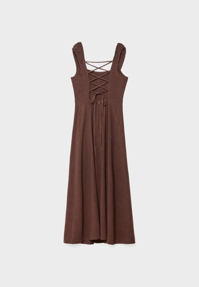 Midi šaty s kříženým zadním dílem v lněném vzhledu