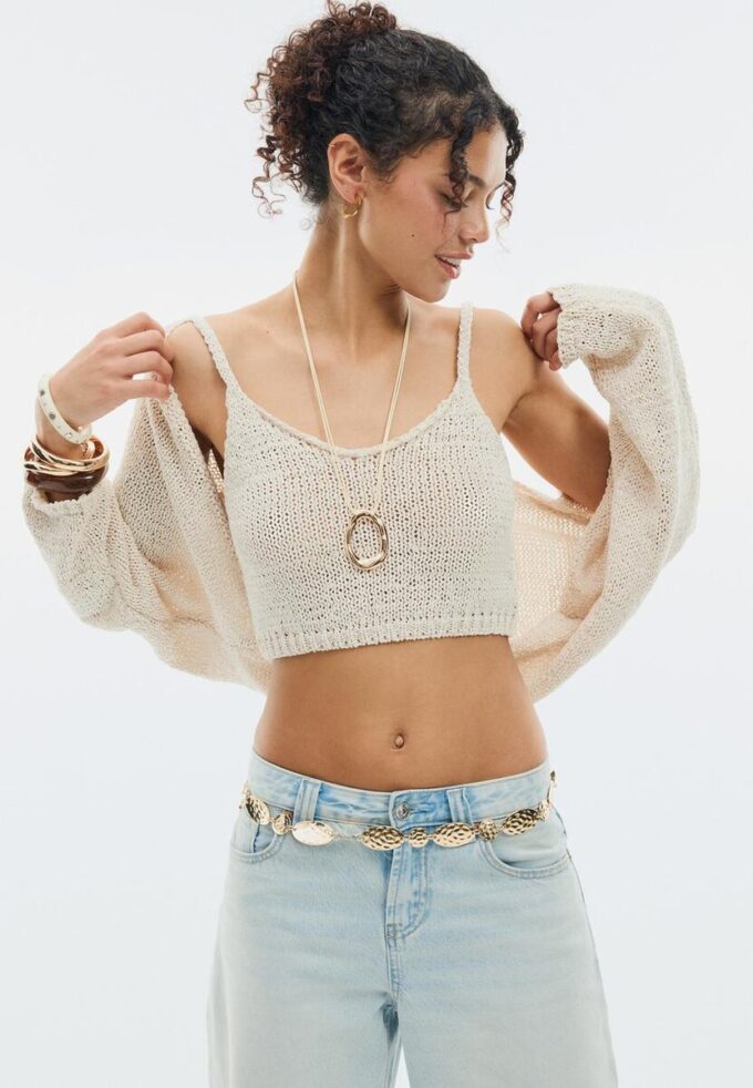 Pletený kardigan s netopýřími rukávy a vázáním