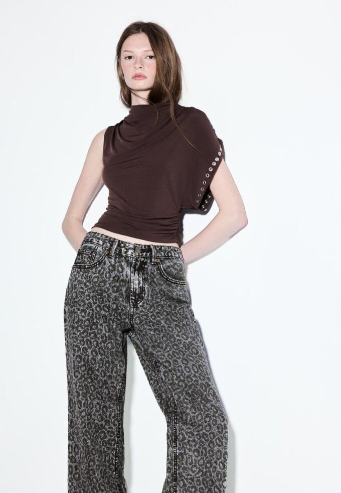 Rovné džíny s Wide Leg potisky a leopardím potiskem Rovné džíny s Wide Leg potisky a leopardím potiskem