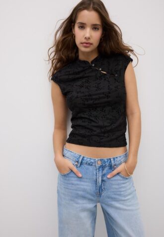 Tričko ve stylu qipao s flokovým potiskem