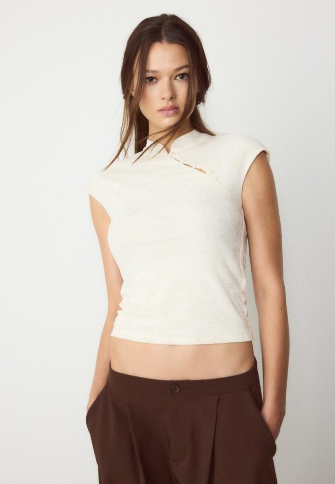 Tričko ve stylu qipao s flokovým potiskem