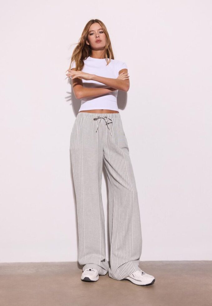 Vlající pruhované kalhoty ze směsi lnu